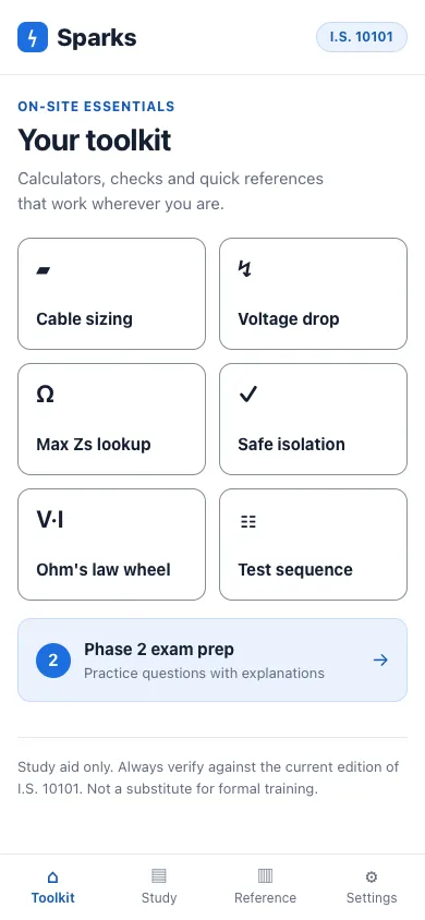 The Sparks toolkit screen, showing six tools in a grid: cable sizing, voltage drop, max Zs lookup, safe isolation, Ohm’s law wheel and test sequence.